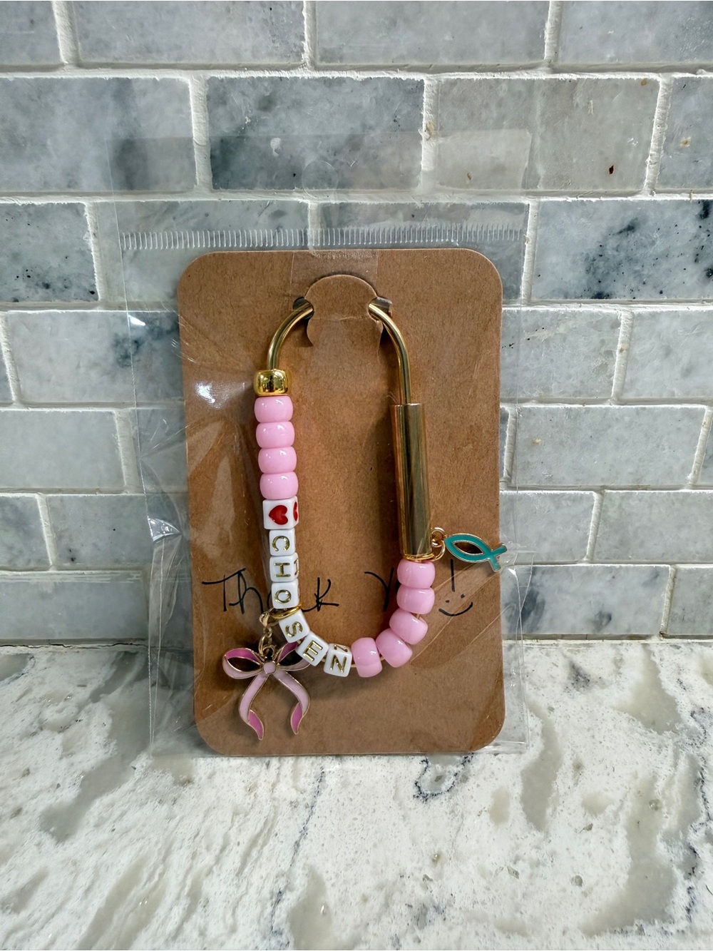 Pink Beaded Ribbon Charm Keyring